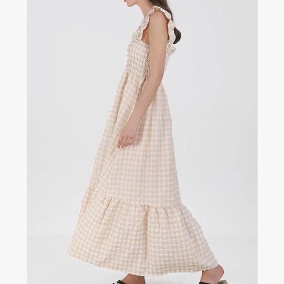 Ruffle Plaid Gingham Long Dress Shirred Stretchy Strap Flowy Retro Dress Beige - Picture 2 of 7